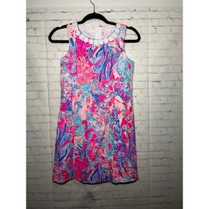 Lilly Pulitzer Kids Girls Mini Mila Shift Dress Pink Blue Floral Print Sz 12